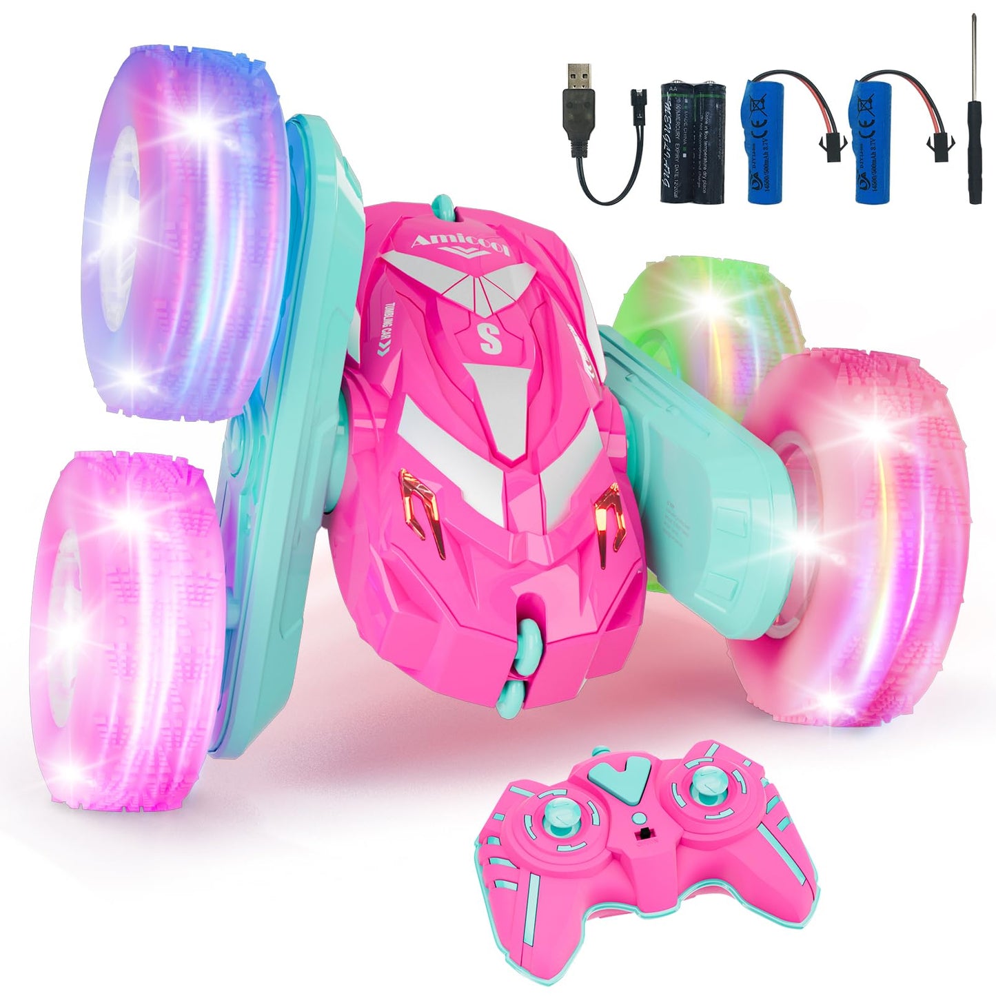 Amicool Remote Control Car for Girls 3-12 with Flashing Light, Toys 4 5 6 7 8 9 Years Old Girl Birthday Gifts Idea, RC Cars Stunt 4WD 2.4Ghz Double Sided 360° Flip, Present for Kids, Christmas, Pink