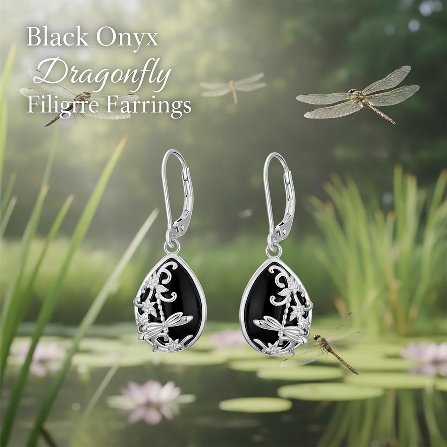 Dragonfly Filigree Earrings Black Onyx Earrings for Women 925 Sterling Silver Dragonfly Filigree Gift Black Onyx Dangle Drop Jewelry Mothers Day Gifts for Mom Girlfriend Wife