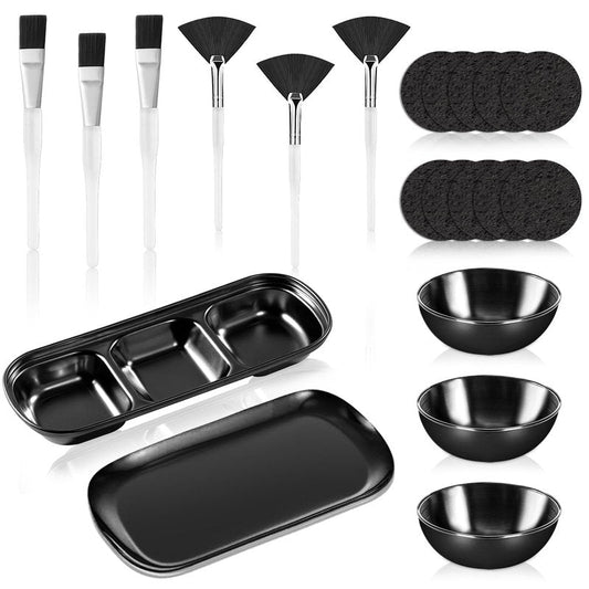 21 Pcs Black Esthetician Supplies 3 Stainless Steel Facial Mask Mixing Bowls 3 Fan Brushes Esthetician 3 Facial Flat Brushes Skincare Tray 3-Compartment Serving Tray 10 Round Compressed Facial Sponges