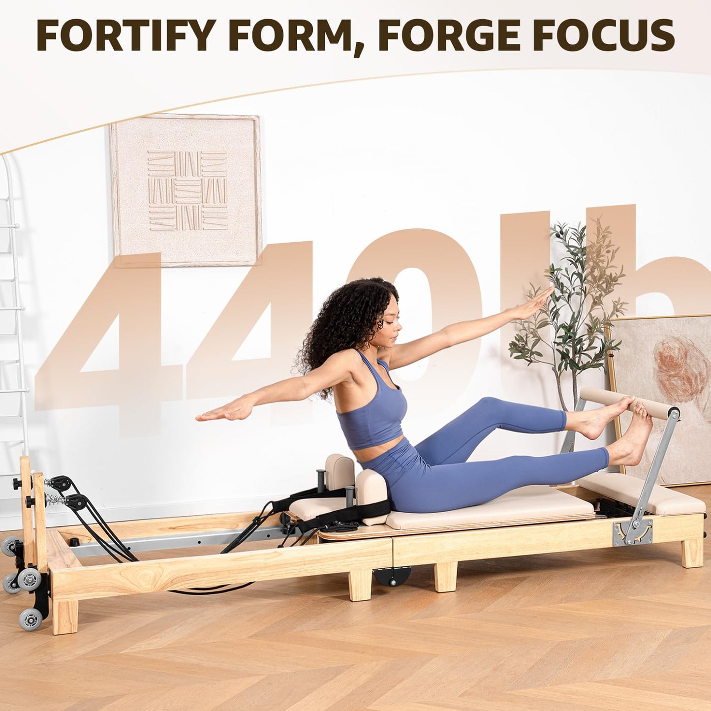 Pilates Reformer Machine, Quick-Assembly Foldable Studio Grade Pilates Equipment for Gym and Home, Oak Wood Pilates Reformer with Reformer Accessories