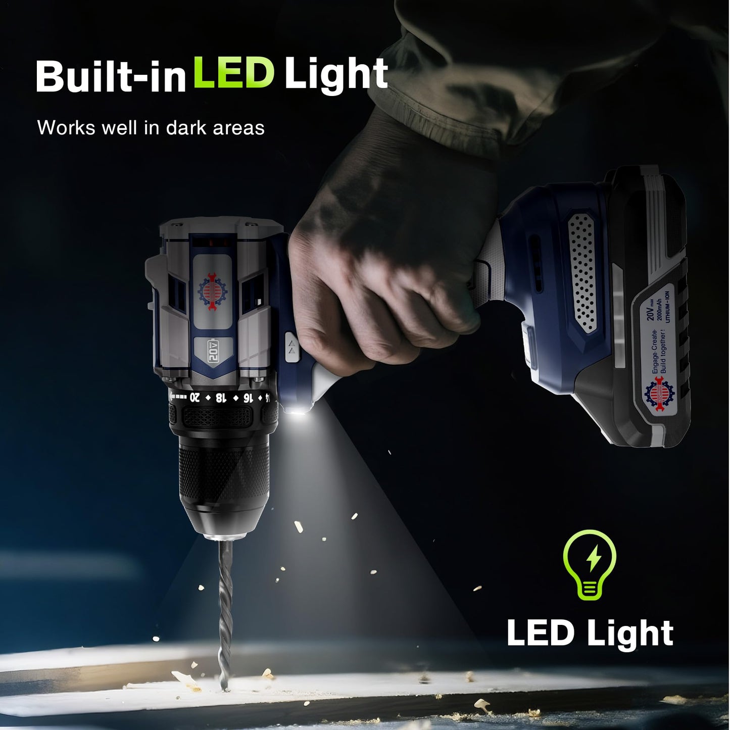 20V Cordless Drill Driver, Electric Power Brushless Drill 60N.m with 1/2" Metal Keyless Chuck, 20+1 Torque 2 Speed, LED Light, Tool bags, Battery & Charger for Furniture, Home DIY,Beginner, Repairing
