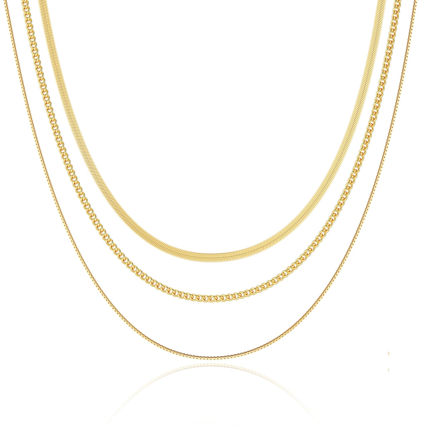 Freekiss Gold Herringbone Necklace, Layered 14K Gold Filled Choker Necklaces, Dainty Snake chain Cuban Link Necklace Set, Simple Gold Jewelry Gifts