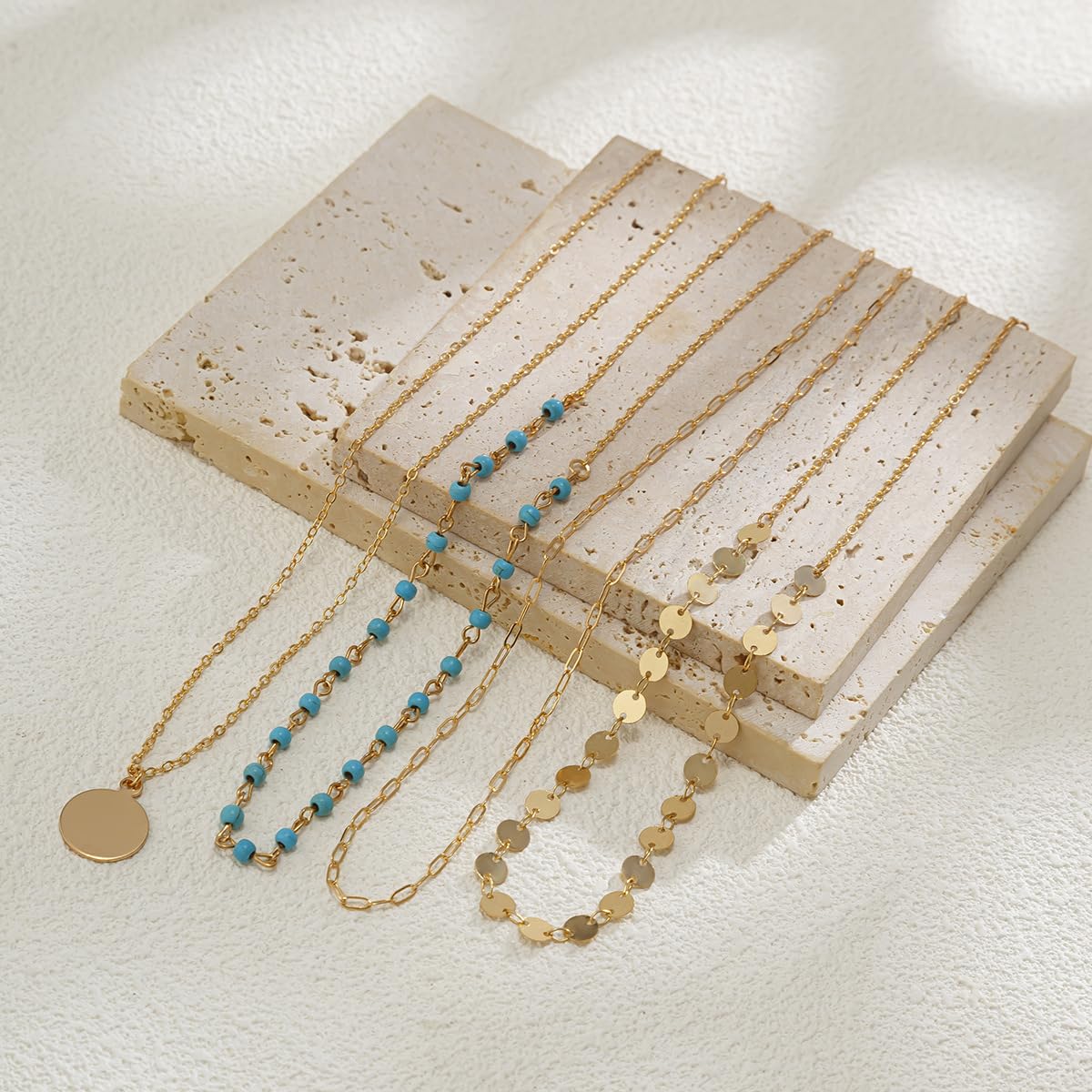 Hclian Layered Gold Necklaces for Women 14K Gold Plated Beaded Turquoise Choker Coin Pendant Necklace Handmade Country Concert Everyday Western Jewelry Gifts