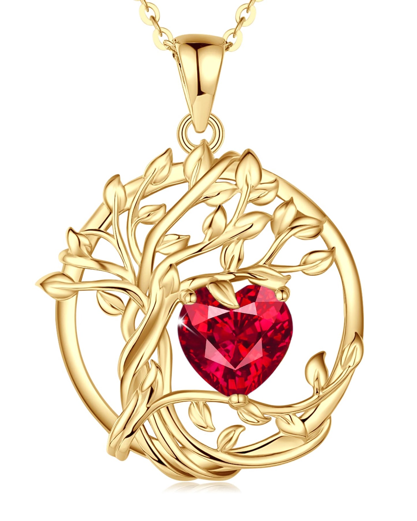 FANCIME Tree of life July Birthstone necklace for women Sterling Silver Yellow Gold Plated Tree Jewelry Ruby Pendant Red Gemstone Anniversary Birthday Mothers Day Gifts for Wife Mom Her