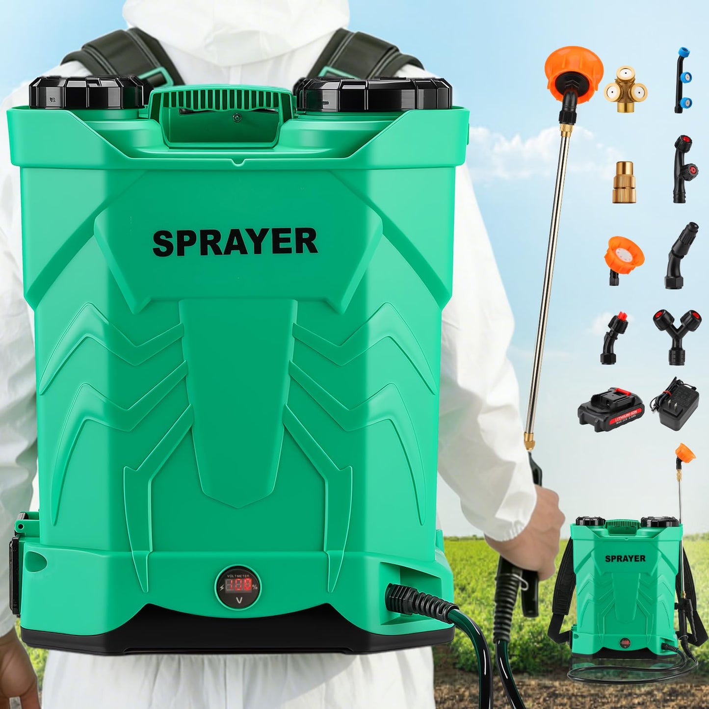 5.3 Gallon Battery Powered Backpack Sprayer, 21V 100PSI Electric Garden Sprayer with Upgraded Stainless Steel Wand, 8 Pro Nozzles & Padded Straps, Heavy-Duty Weed Sprayer for Lawn, Yard & Farm