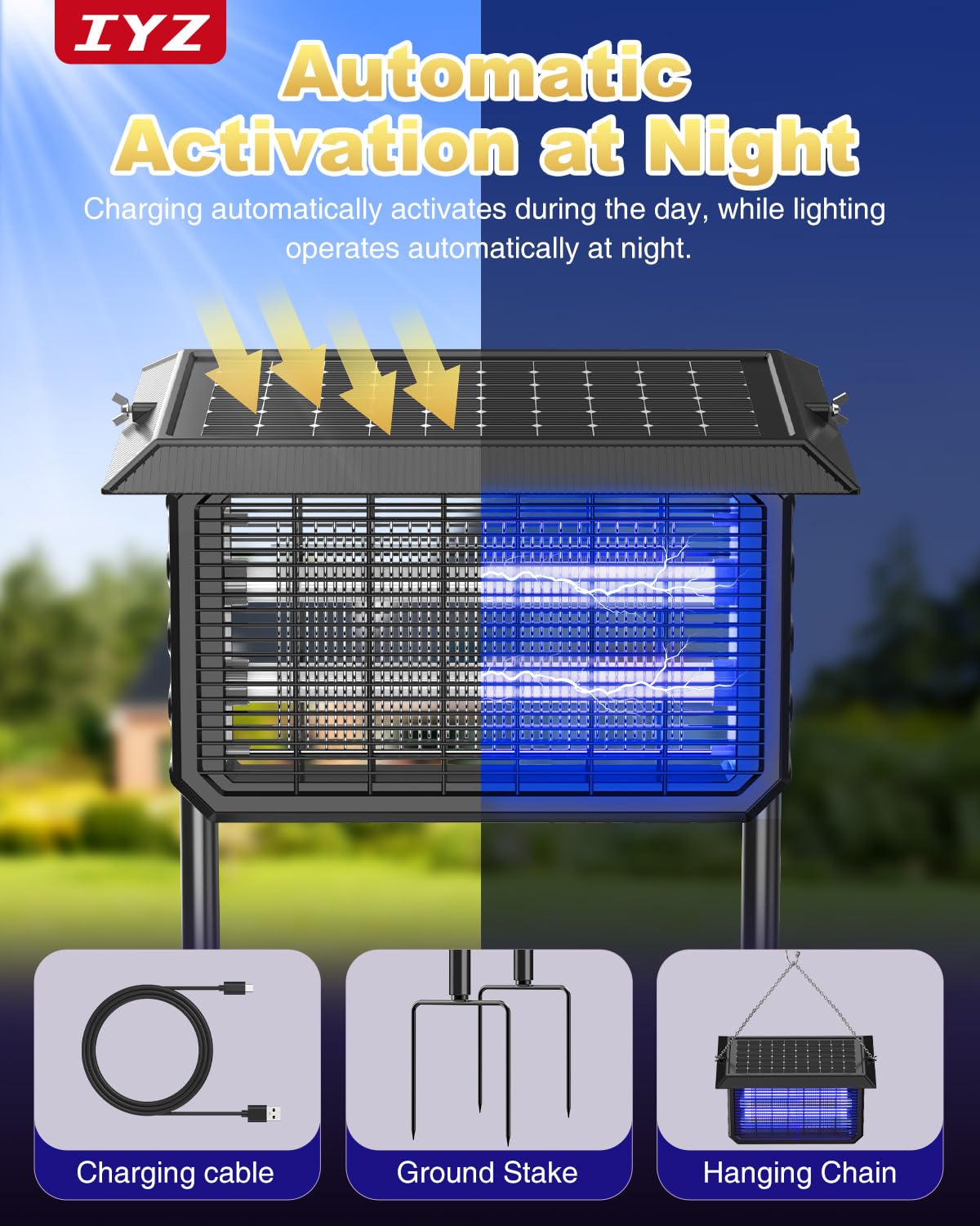 IYZ Solar Bug Zapper Outdoor, 6000mAh Rechargeable Mosquito Killer with 15" Large Grid,Waterproof, Portable Fly Trap for Patio, Yard, Garden, Home & Camping (Black)