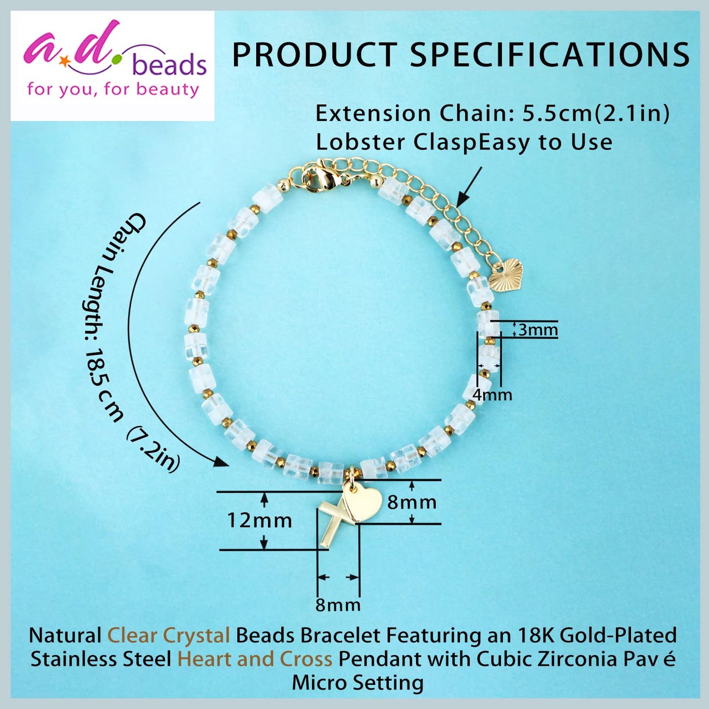 Natural Gemstone Healing Crystal Clear Crystal Dainty Charms Heart and Cross Bracelet Adjustable Chain Extender Minimalist Jewelry