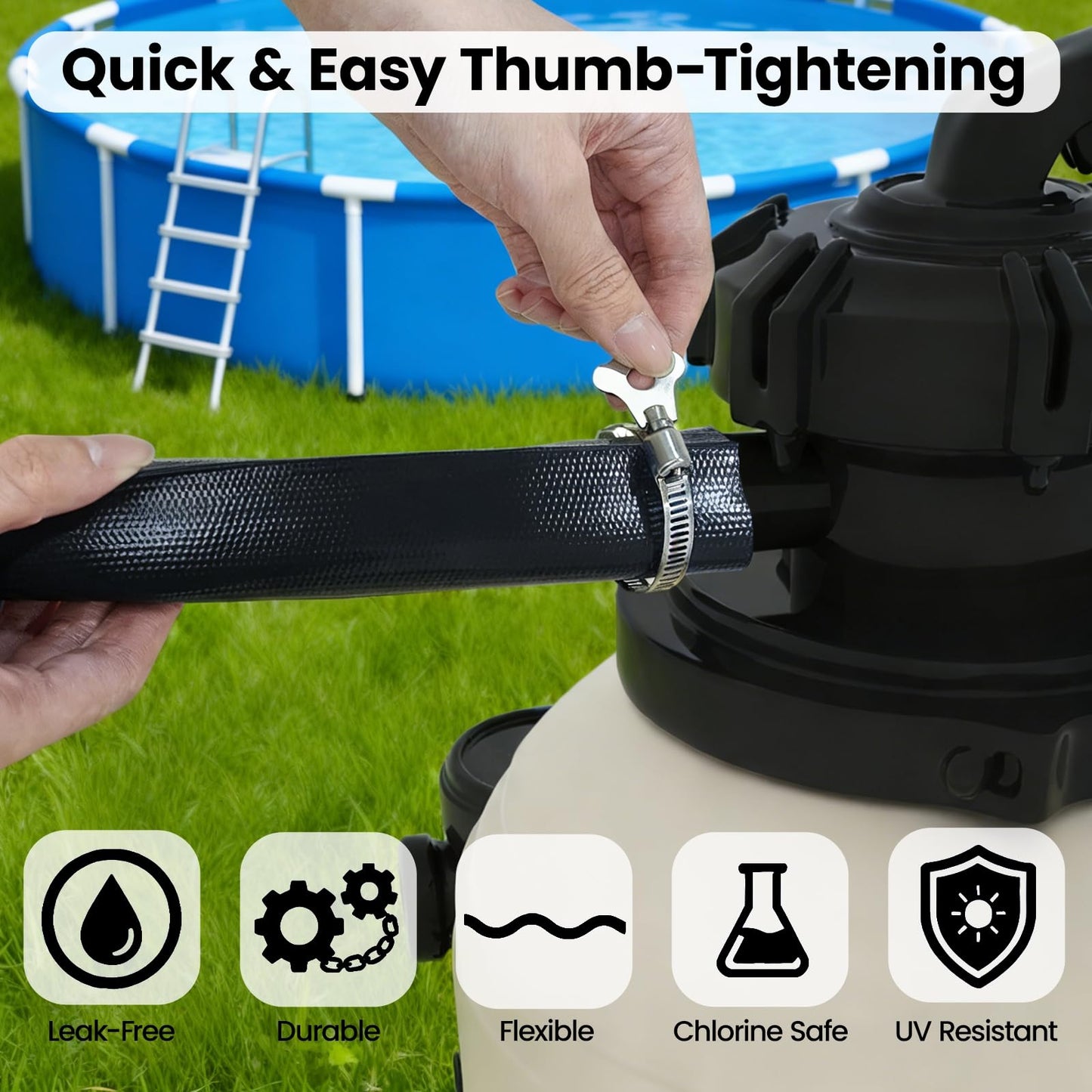 Poolvio Backwash Hose 2" x 50 ft, Heavy-Duty Lay-Flat Reinforced PVC Discharge Hose with 2 Stainless Steel Thumb Screw Clamps, Leak-Resistant for Inground & Above-Ground Pool Filters