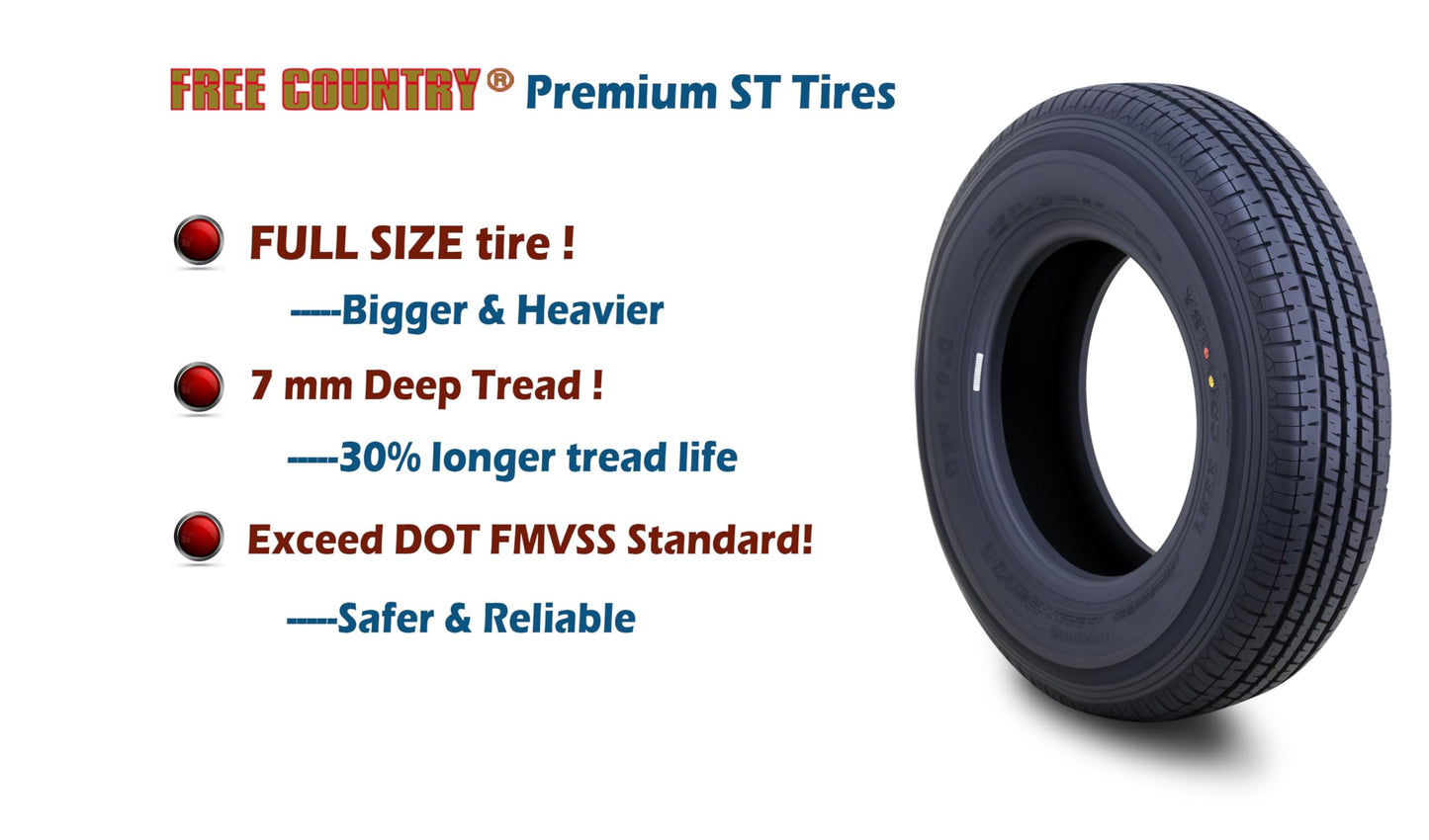 Free Country Grand Ride Set 4 Trailer Tires ST 205/75R14 8 Ply Load Range D Steel Belted Radial w/Featured Scuff Guard