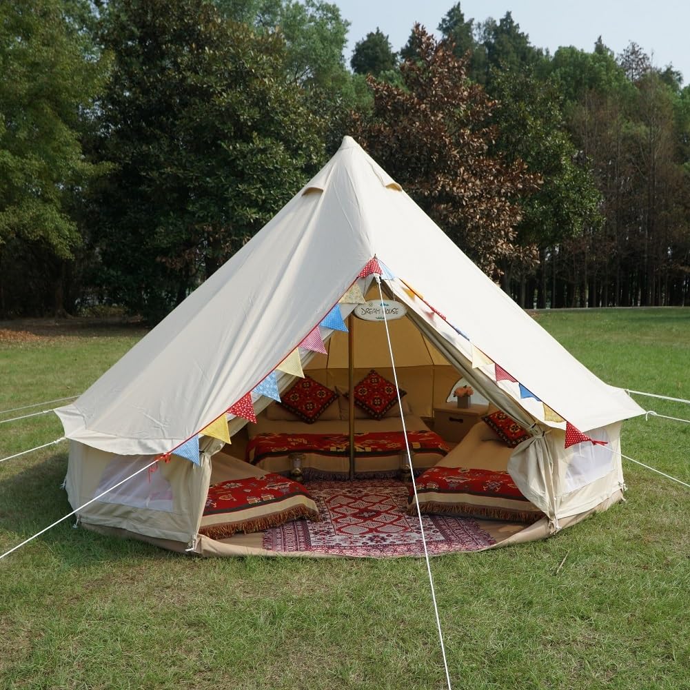 Dream House Outdoor Waterproof Cotton Canvas Family Camping Bell Tent (Beige Cotton Canvas Tent, Diameter 6 Meter)