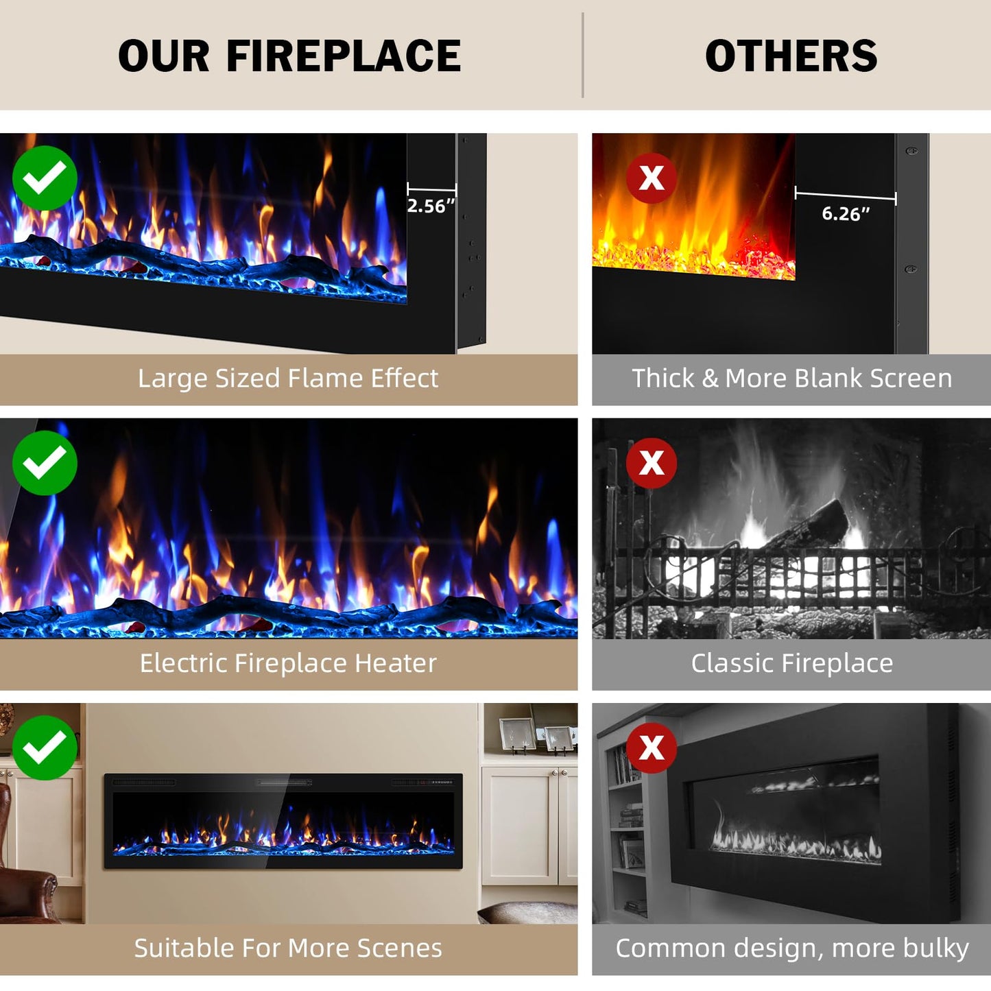 Ludatido 68 Inch Electric Fireplace Wall Mounted and Recessed with Remote Control, Color Adjustable/Realistic Flame W/Timer 1500/750W 400 sq.ft Heating Output Fireplace Heater with Log