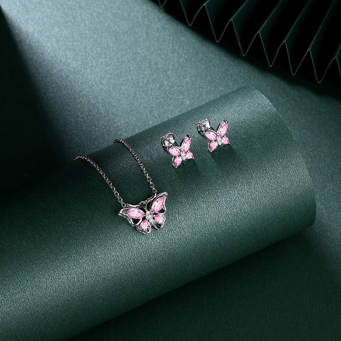 Hipunk Butterfly Pink Jewelry Sets Birthstone Women 925 Sterling Silver October-Tourmaline Birth Stone Animal Butterflies Jewelry Sets/Earring Set Crystal Birthday Jewelry SS0001O