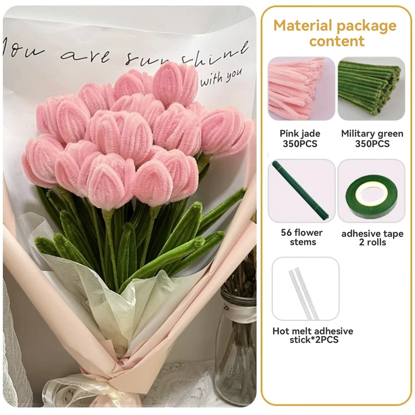 700pcs (Pink and Green) Tulips Pipe Cleaners, DIY Flower Bouquet Kit Chenille Stems,Flower Making Craft Materials(56Flowers),Art and Craft Supplies