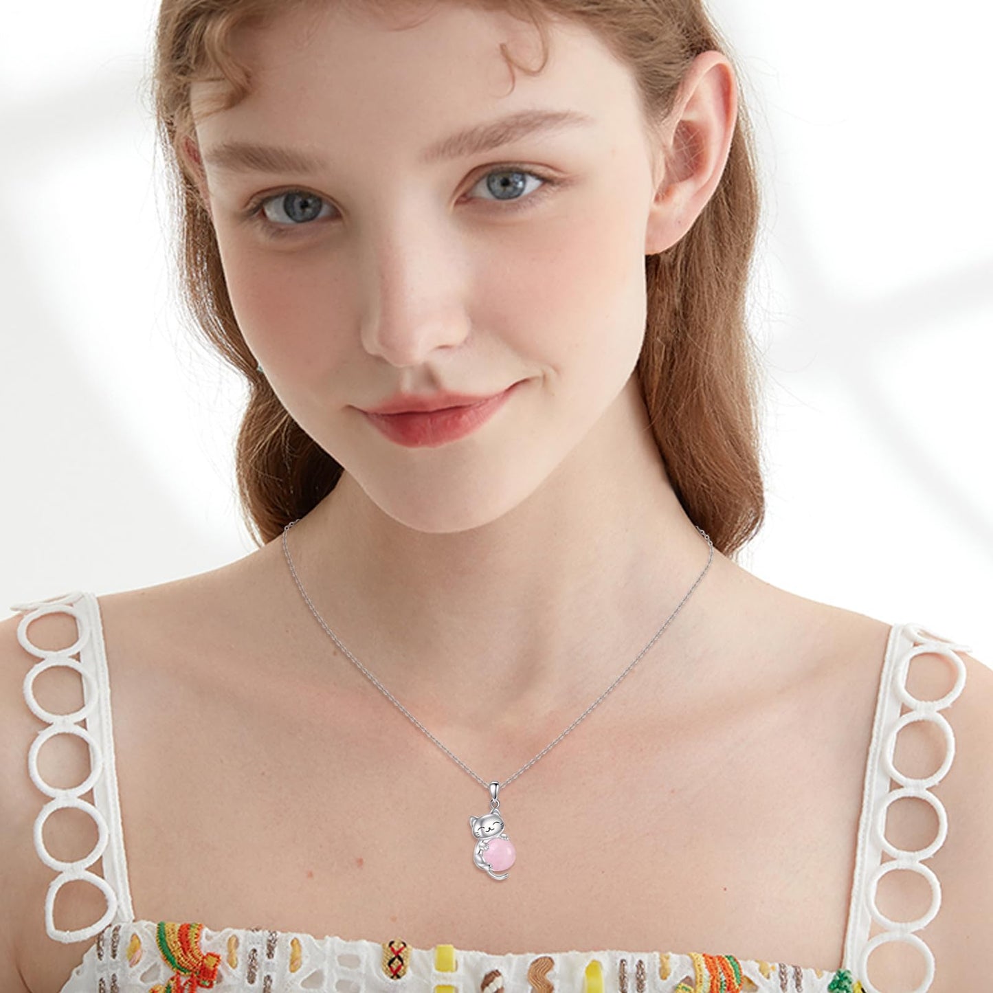 YAFEINI Cat Necklace 925 Sterling Silver Moonstone/Rose Quartz Pendant Jewelry for Women Cat Lovers (Rose Quartz)