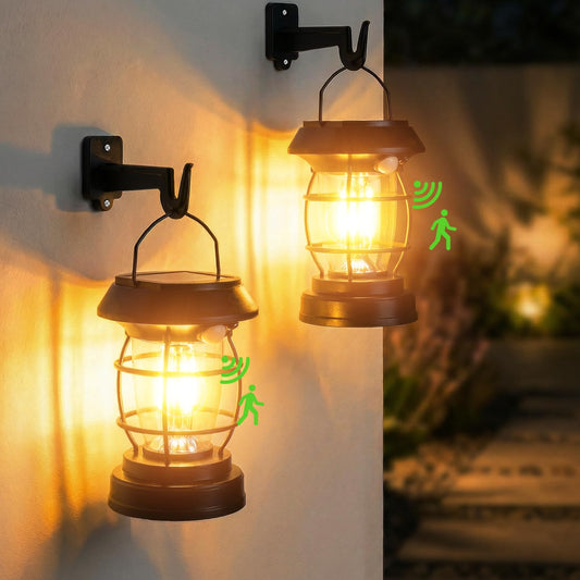 2 Pack Solar Wall Lanterns with 4 Modes, Solar Motion Sensor Lantern IP65 Waterproof Camping Lantern , Exterior Camping Light Front Porch Security Lamps Wall Mount Patio Fence Garage Decorative