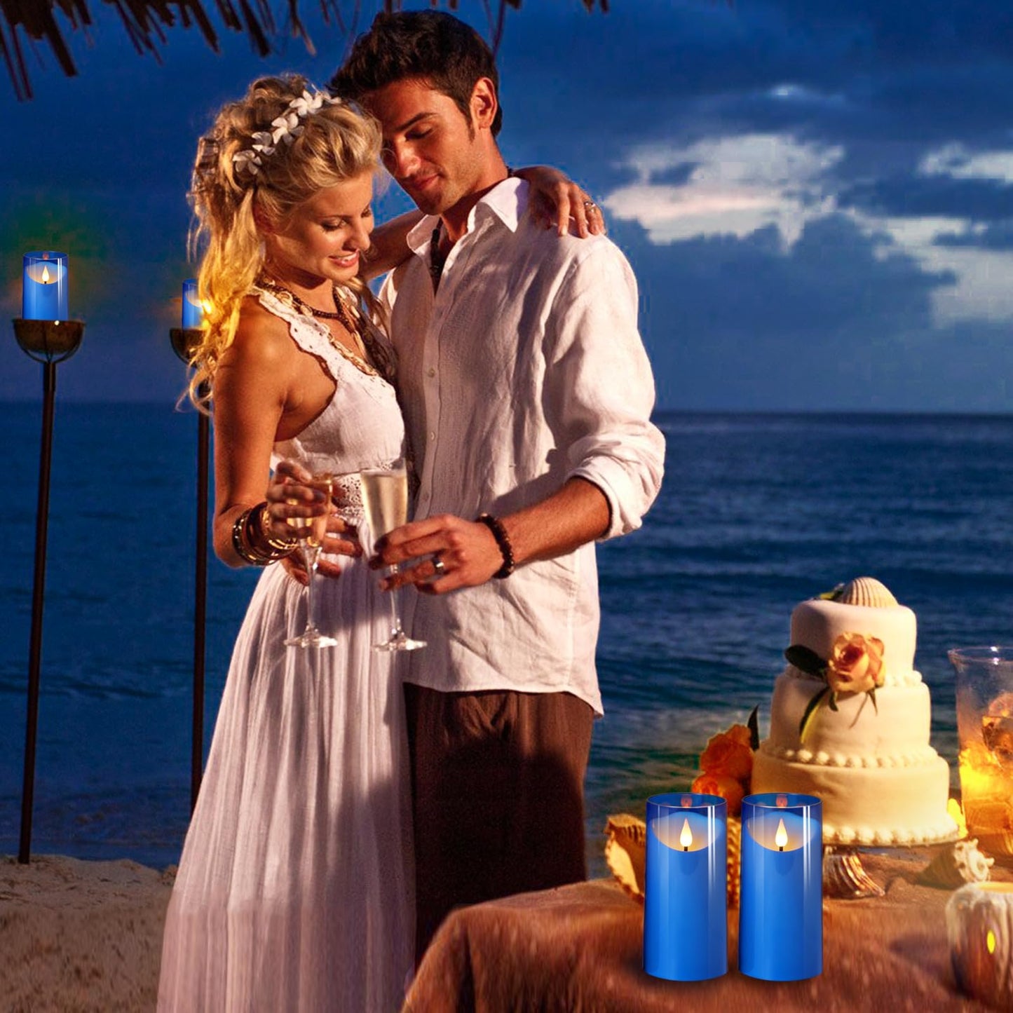 NURADA 3"x6""Flickering Flameless Candles: 3D Wick Acrylic Battery Operated LED Pillar Battery Candles with Remote and Timer for Decoration Wedding Party - 2 Pack Blue"