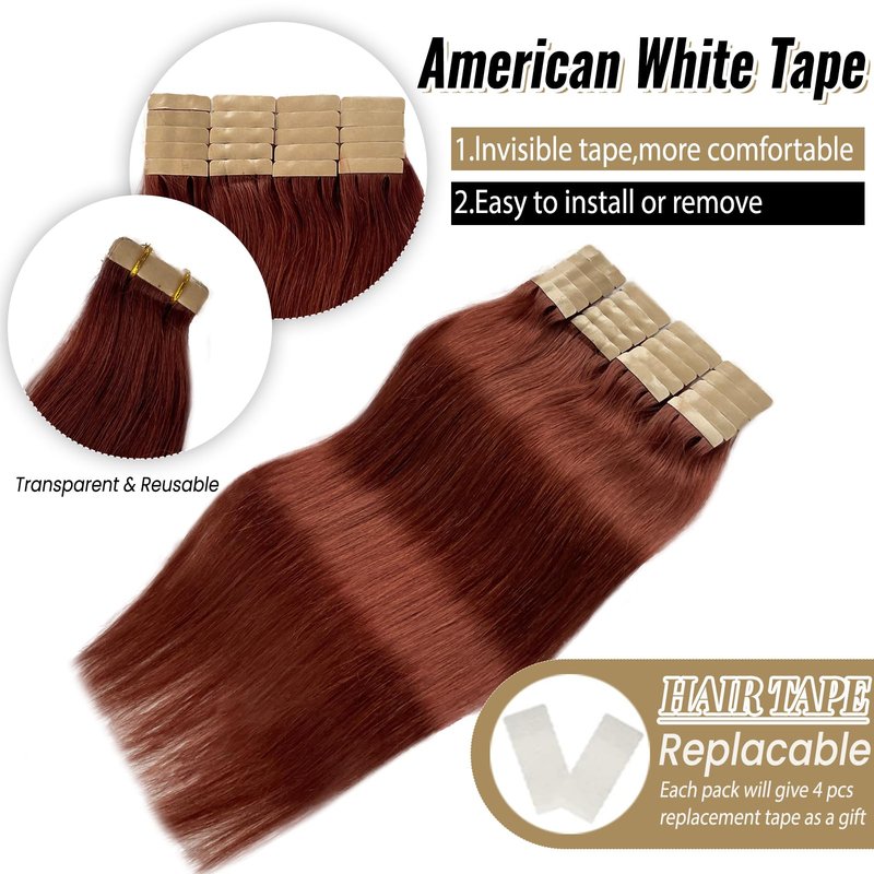 Munx Real Hair Extension Dark Auburn Tape in Human Hair Extension 18inch 20pcs 40g Tape in Remy Silky Straight Natural Hair Extensions