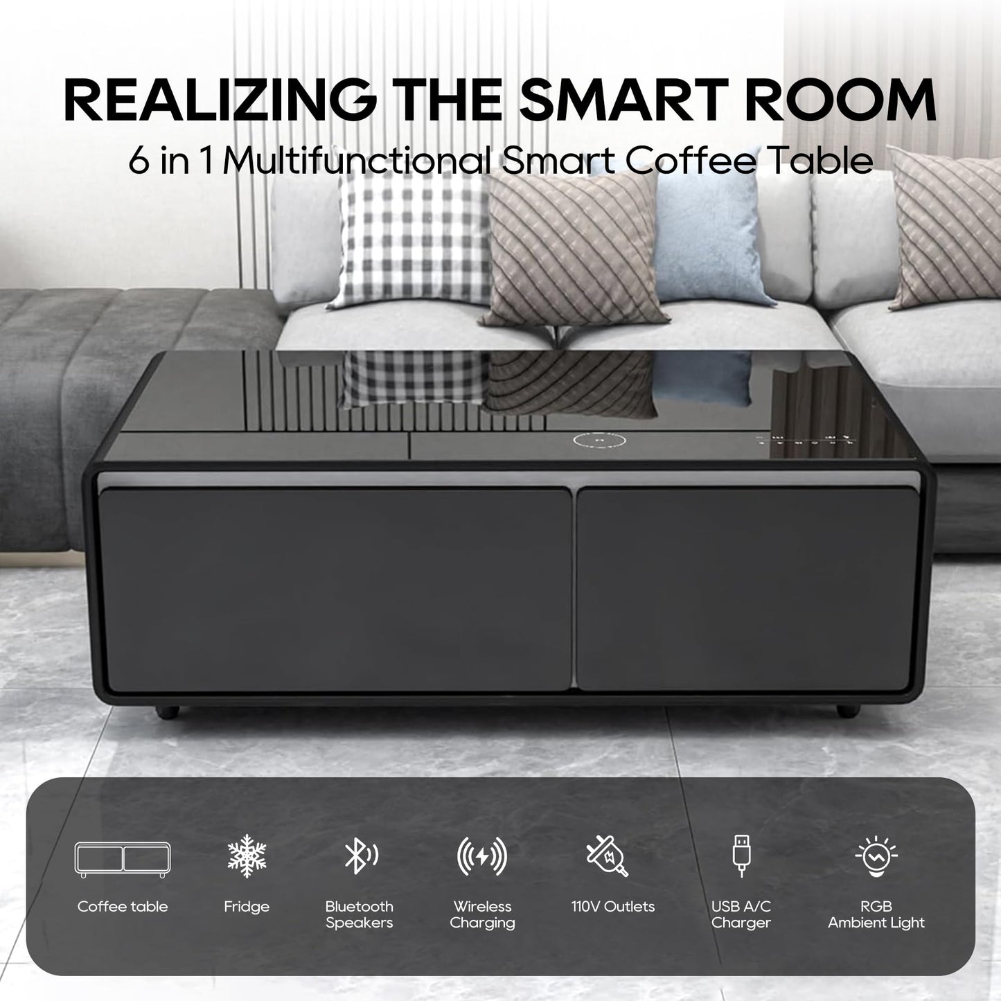 AXIOS Smart Coffee Table with Fridge Modern Smart Coffee Table with Built in Speakers and Wireless Charging for Living Room Table 23" D X 41.5" W X 18.2" H Dual USB and Type-C Charging Ports Brown