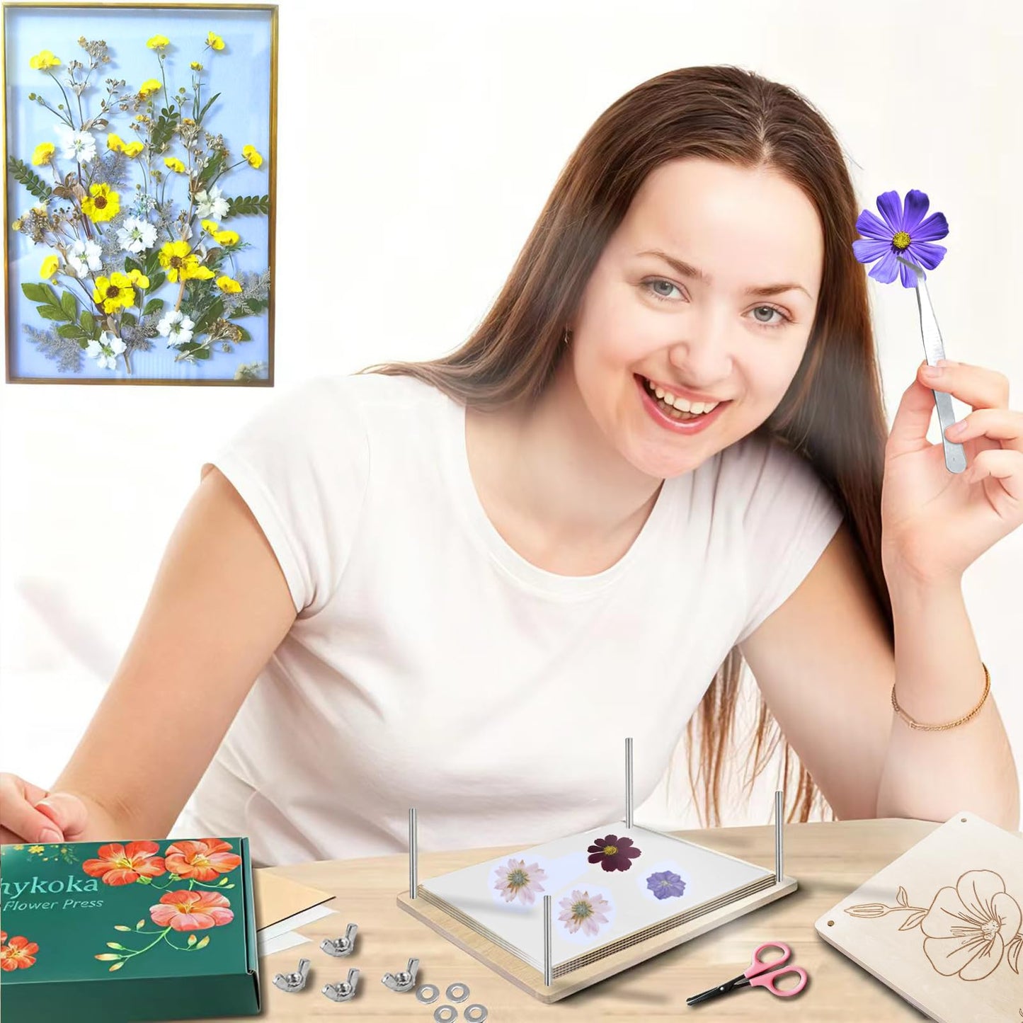 Rhykoka Professional Flower Press, 8 Layers 6.3x8.3 inch (16x21cm) Wooden Flower Press Kit/Flower Pressing for Adults, Great Gift for DIY Flowers Lovers (Wooden)