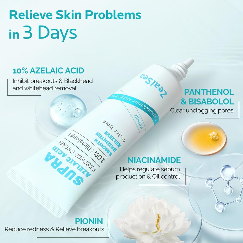 ZealSea Azelaic Acid 10% Facial Cream for Redness Relief Face Skin Care, Pimple Pigmentation Blackhead, Balance Excess Sebum, Clarify Skin, Soothe Irritation,1 Oz, Pack of 2