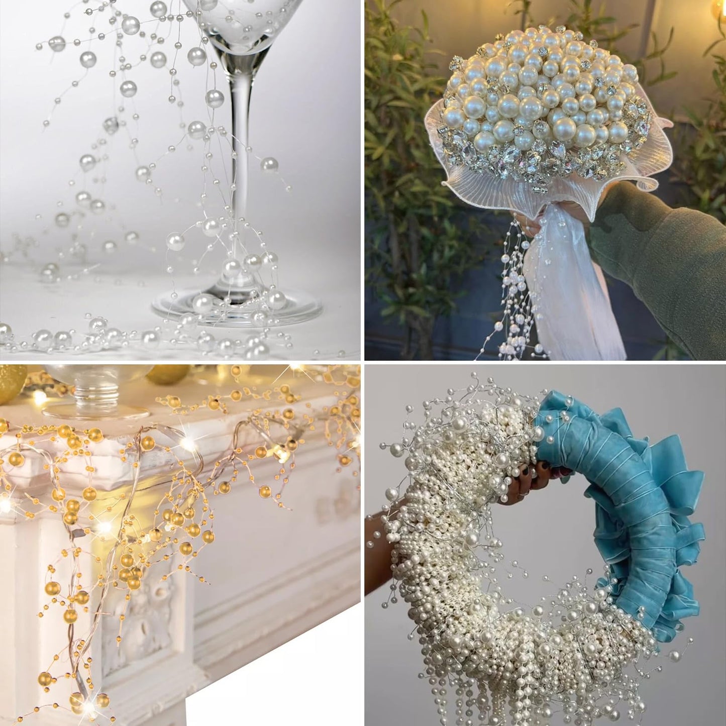 98FT Pearl Beads String Garland, 8mm 3mm Ivory Faux Pearl Beads Roll Strand Bulk for Wedding Party Flower Christmas Decoration DIY Craft