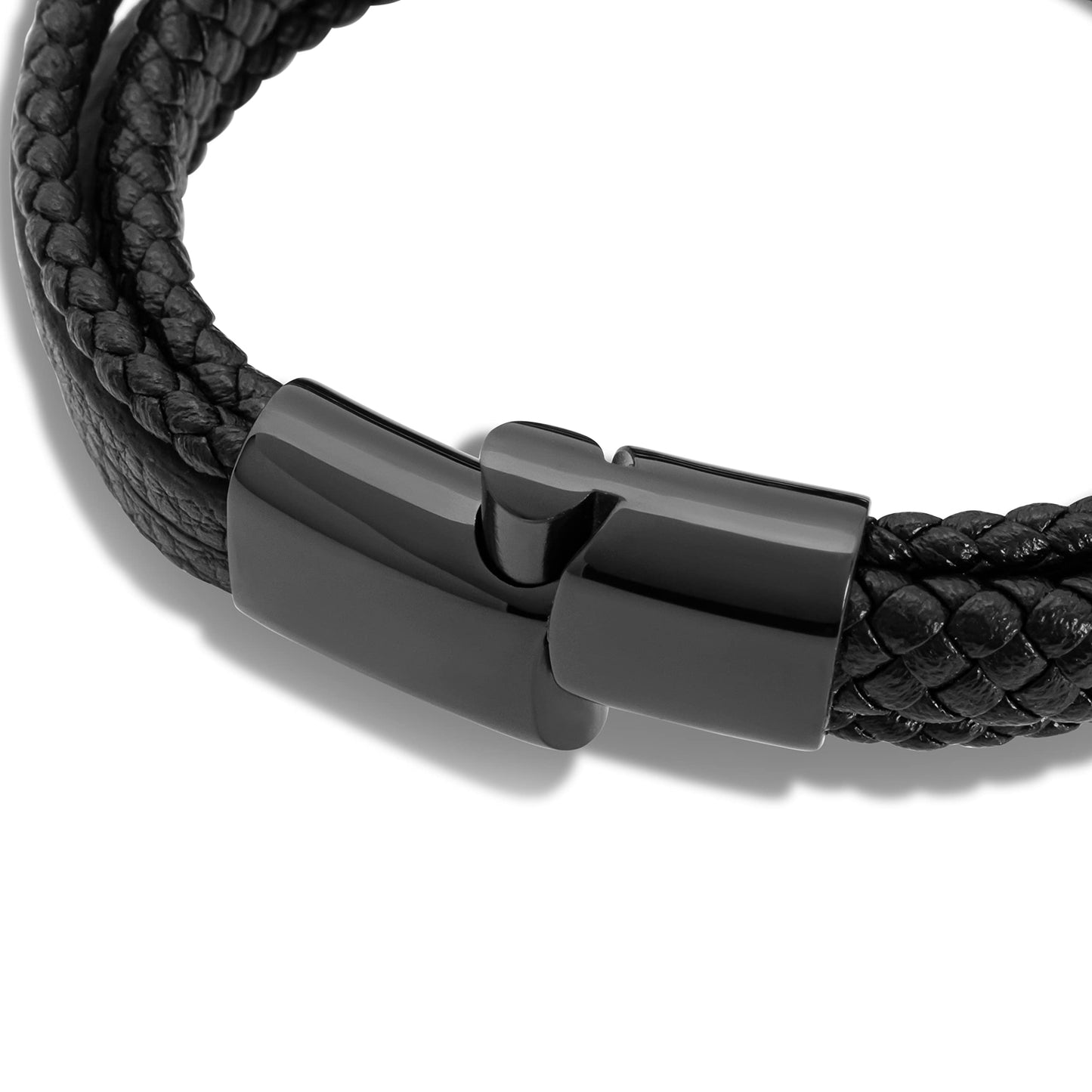 SERASAR Hombres Pulsera de cuero negro 23cm Brazalete Hombre Regalo Caja envuelta en genuina multicapa para Cierres magneticos Joyas