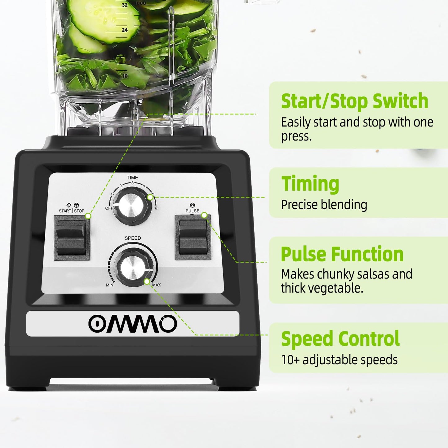 OMMO Blender for Smoothies: 1800W Peak Blenders for Kitchen, 68oz BPA-Free Pitcher, Timer & Speed Control, 6 Stainless Steel Blades, Dishwasher Safe Blender for Ice Crush/Smoothies/Frozen Drinks/Black