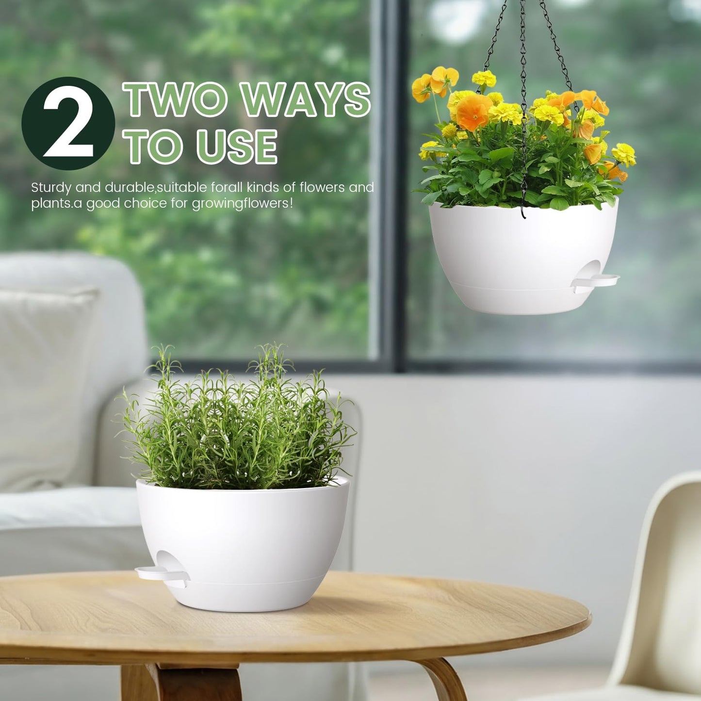 AHJZO 2 Pack 12 Hanging Flower Pots with Chains - Self Watering Plastic Planters for Indoor & Outdoor Plants, Sturdy Triangular Iron Chain Design for Garden PorchPlastic Hanging Flower pots (White)