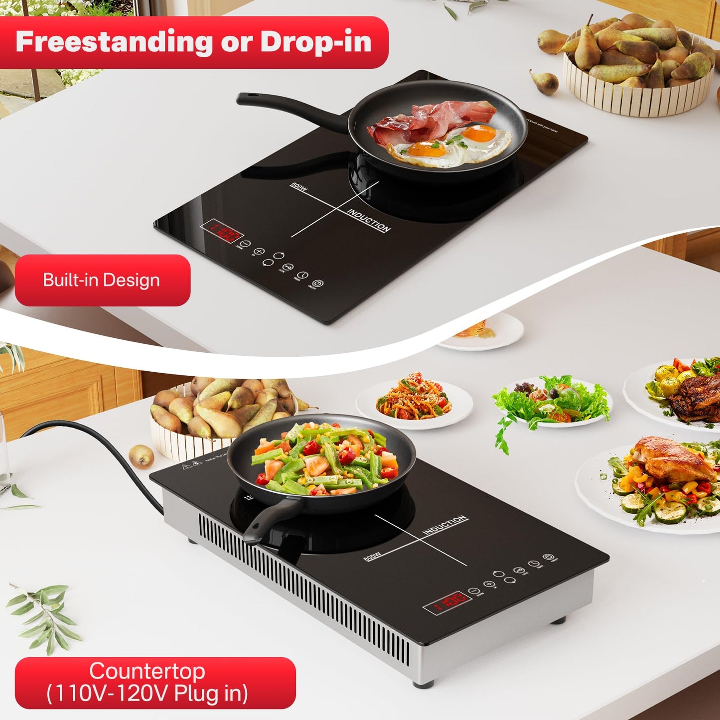 GRACEALL 2 Burner Induction Cooktop, 12 inch Glass Top Electric Stvoe for Cooking, Built-in & Countertop Kitchen Hotplate, 120V Plug in Stoves with Safty Lock and Timer