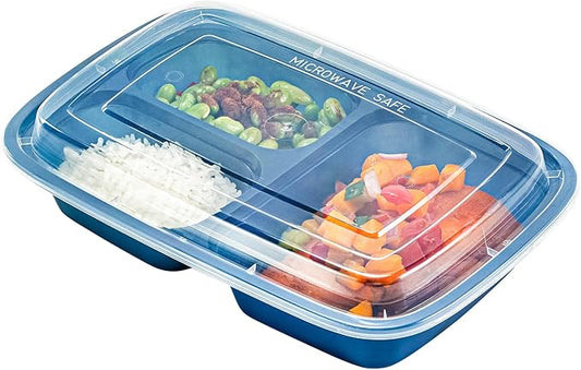 Asporto 26 Ounce Compartment Take Out Boxes, 100 Microwavable Meal Prep Containers - 3 Compartments, With Clear Plastic Lids, Midnight Blue Plastic Food Containers, Do Not Contain BPA - Restaurantware