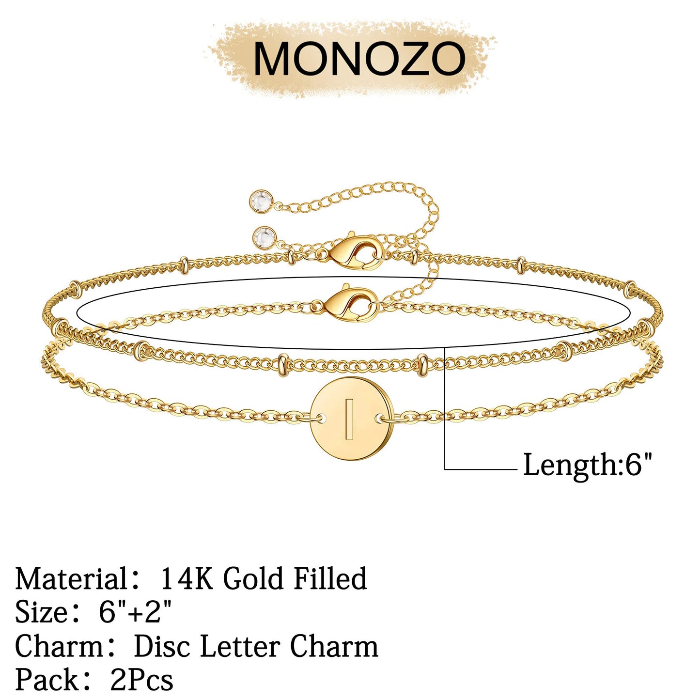 MONOZO Gold Initial Bracelets for Women, Dainty 14K-gold-plated Layered Beaded I Letter Initial Bracelet Personalized Alphabet Disc Monogram Charm Bracelet Jewelry Gifts