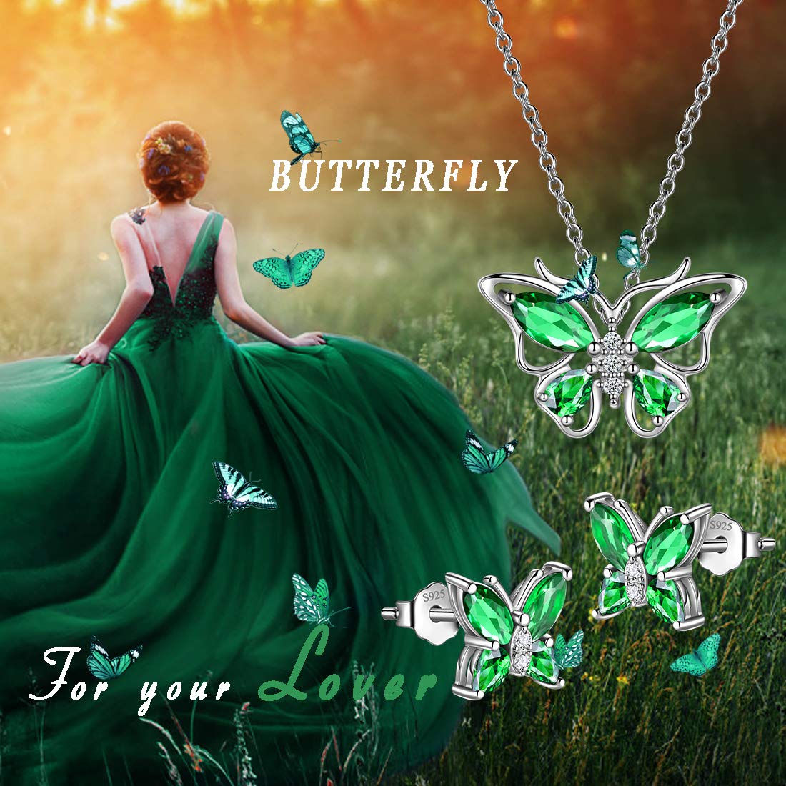 Hipunk Butterfly Green Jewelry Sets Birthstone Women 925 Sterling Silver May-Emerald Birth Stone Animal Butterflies Jewelry Sets/Earring Set Crystal Birthday Jewelry SS0001G