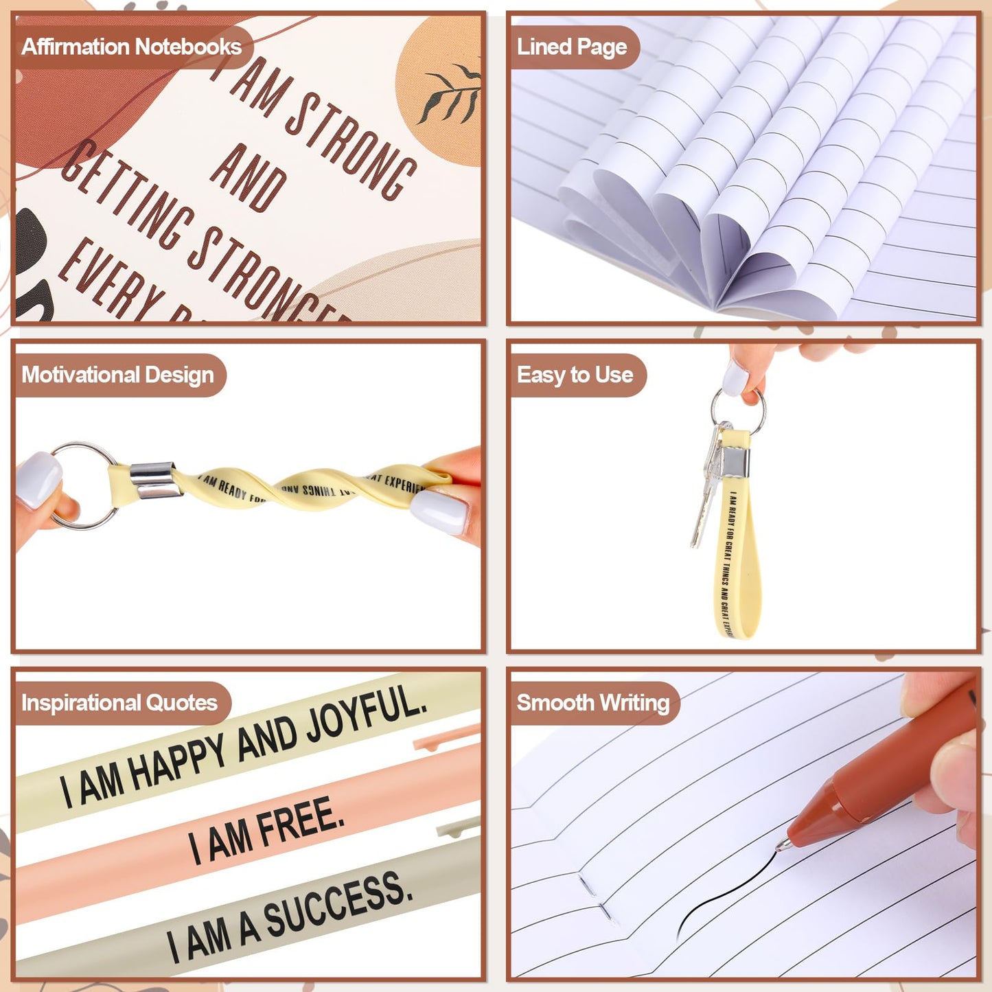 Mooliwe Positive Affirmation Gift Set Gratitude Notebooks with Pens Keychains Small Bags Motivational Party Favors for Adult Women Coworkers Employee Group(24 Set,Boho)