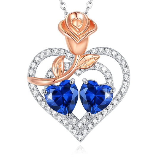 AGVANA September Birthstone Jewelry Sapphire Necklace Sterling Silver Rose Flower Heart Double Birthstone Pendant Necklace Anniversary Birthday Gifts for Women Mom Wife Lady Her