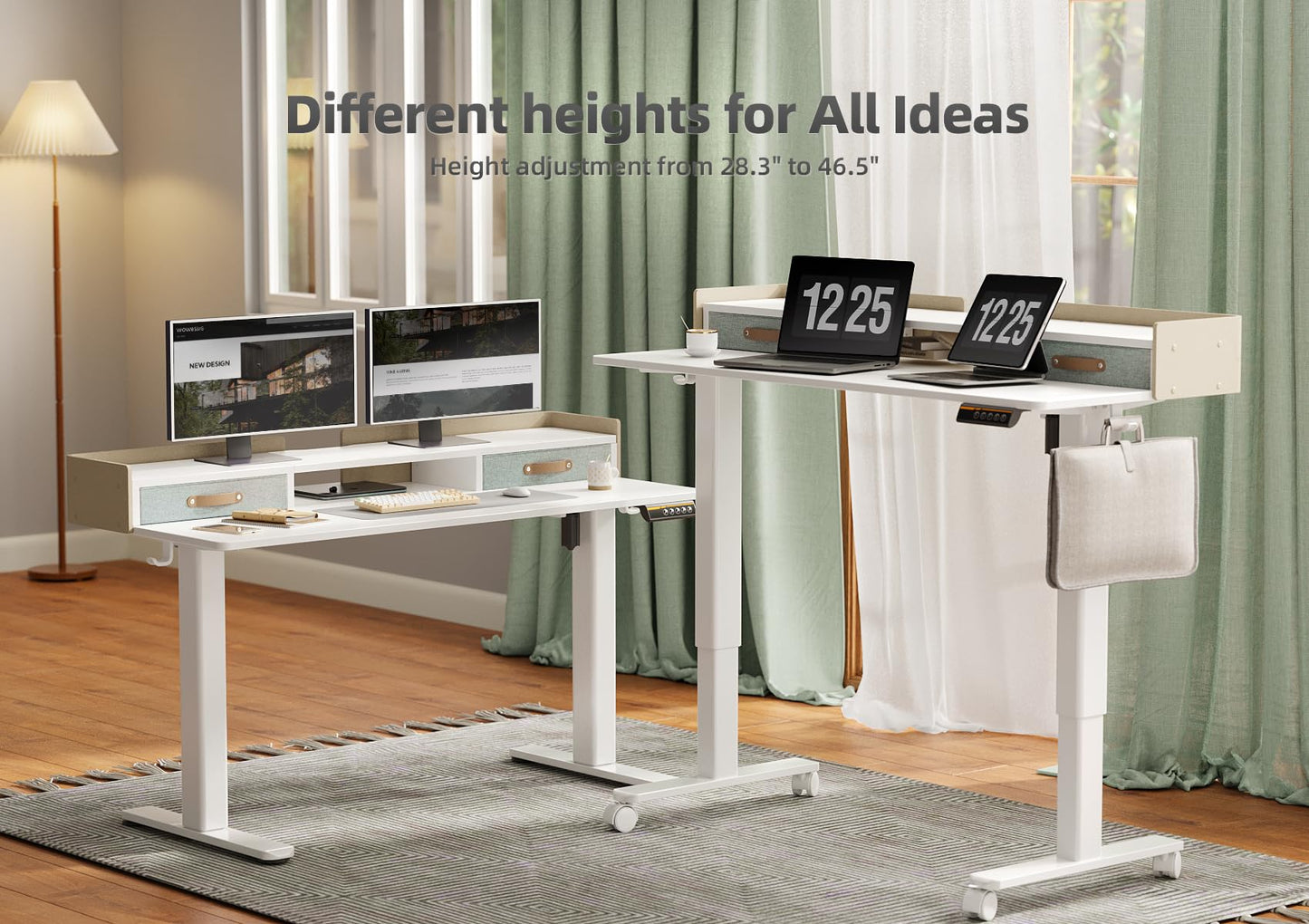 YDN Electric Standing Desk, Adjustable Height Stand up Desk, Sit Stand Home Office Desk with Splice Board, 48x24 Inches, White Top with Shelf