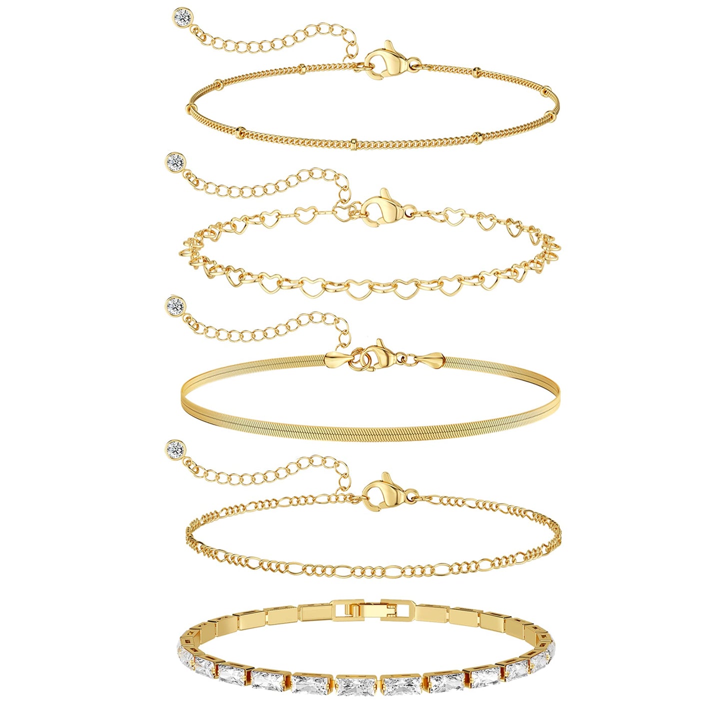 MBW 14K Gold Plated Bracelets for Women, Dainty Tennis Bracelet Set Stackable Bracelets CZ Tiny Cute Heart Figaro Link Chain Bracelet Minimalist Waterproof Jewelry for Women Trendy