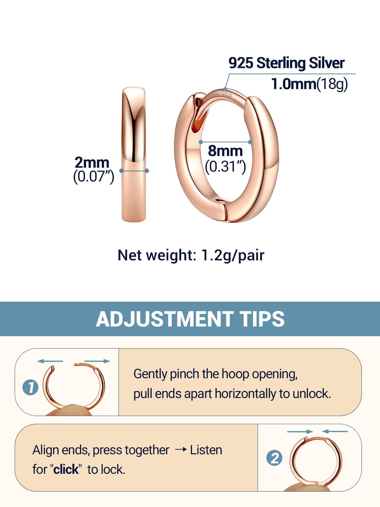 Rose Gold Hoop Earrings For Women Hoops Earring Hypoallergenic 8mm Tiny Huggie Jewelry Non Tarnish Cartilage Piercing Waterproof Ear Earings
