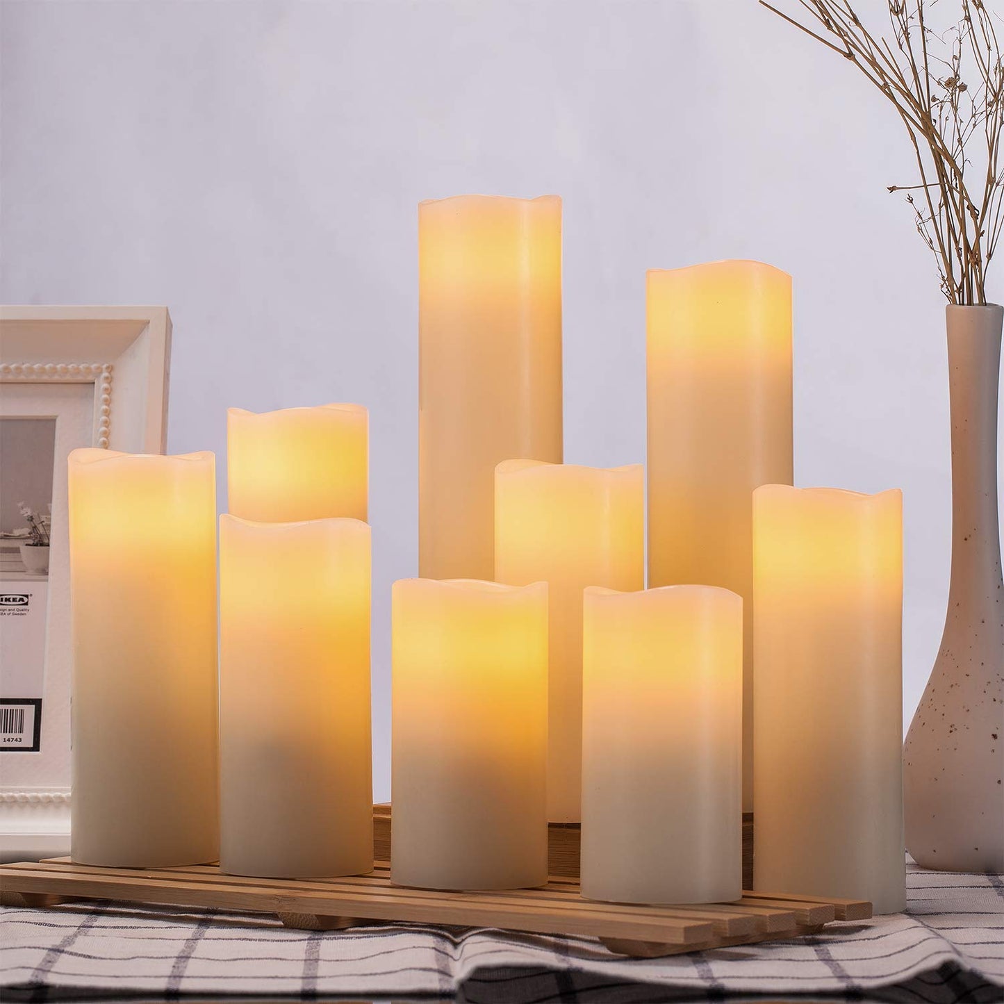 Hausware Flameless Candles Battery Operated Candles H 4" 5"" 6"" 7"" 8"" 9"" Real Wax Pillar Flickering Candles LED Flameless Candles with Remote and Timer Control Set of 9 (Ivory Color)"