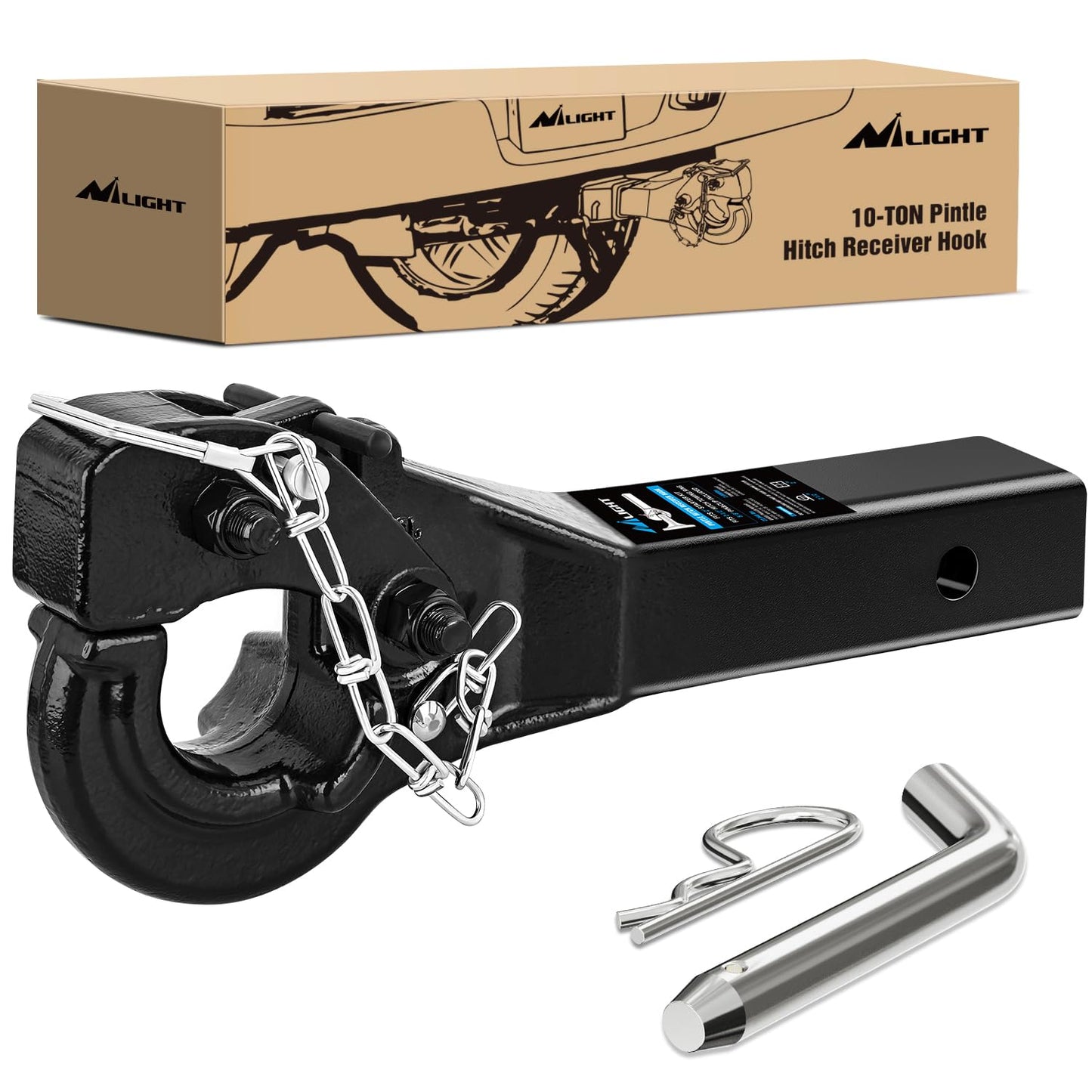 Nilight 10-TON Pintle Hitch for 2-Inch Receiver Hook Military Receiver 20000LBS,Fits 2-1/2 in Lunette Ring, Gloss Black Powder Coat