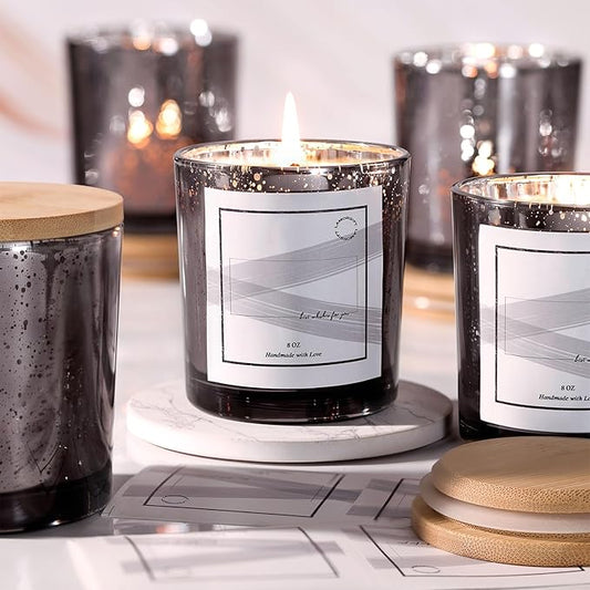 LAMORGIFT 15 Pack Dark Gray Candle Jars With Lids - 8oz Mercury Glass Candle Making Containers - Includes 20 Pcs Labels