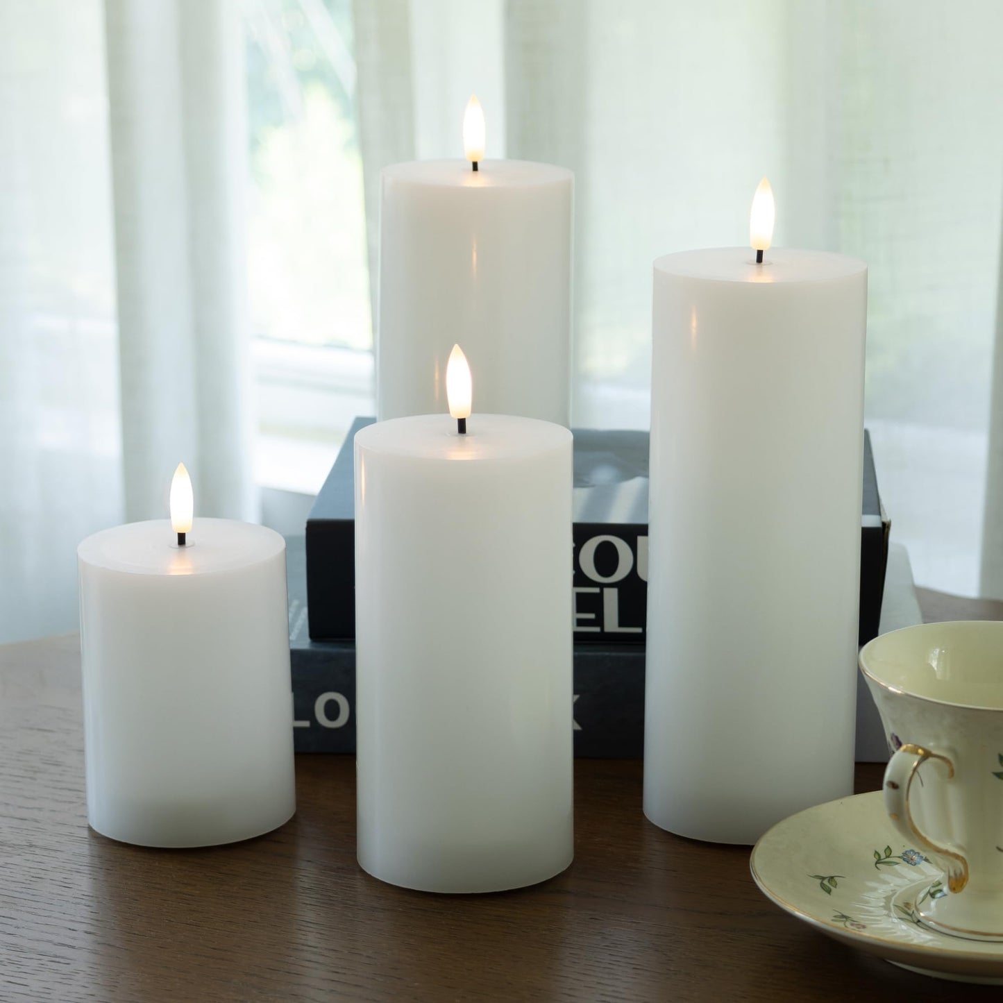 AFINETH White Flameless Pillar Candles, Battery Operated Wax Candles with Remote, Flat Top Flickering Flameless Candles, LED Candle for Home, Wedding, Party Decor, Set of 4, Φ 3" H 4"" 5"" 6"" 8"""