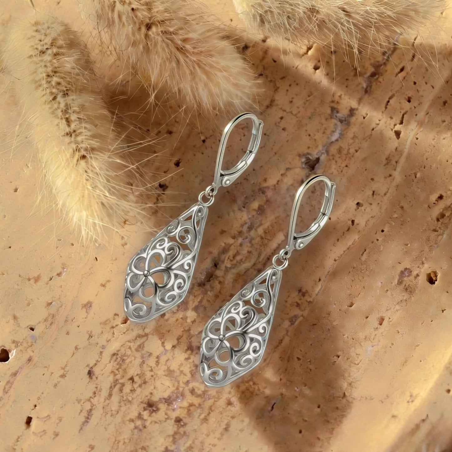 Rhombic 925 Sterling Silver Dangle Earrings for Women Hypoallergenic Filigree Leverback Drop Earrings Jewelry Gifts