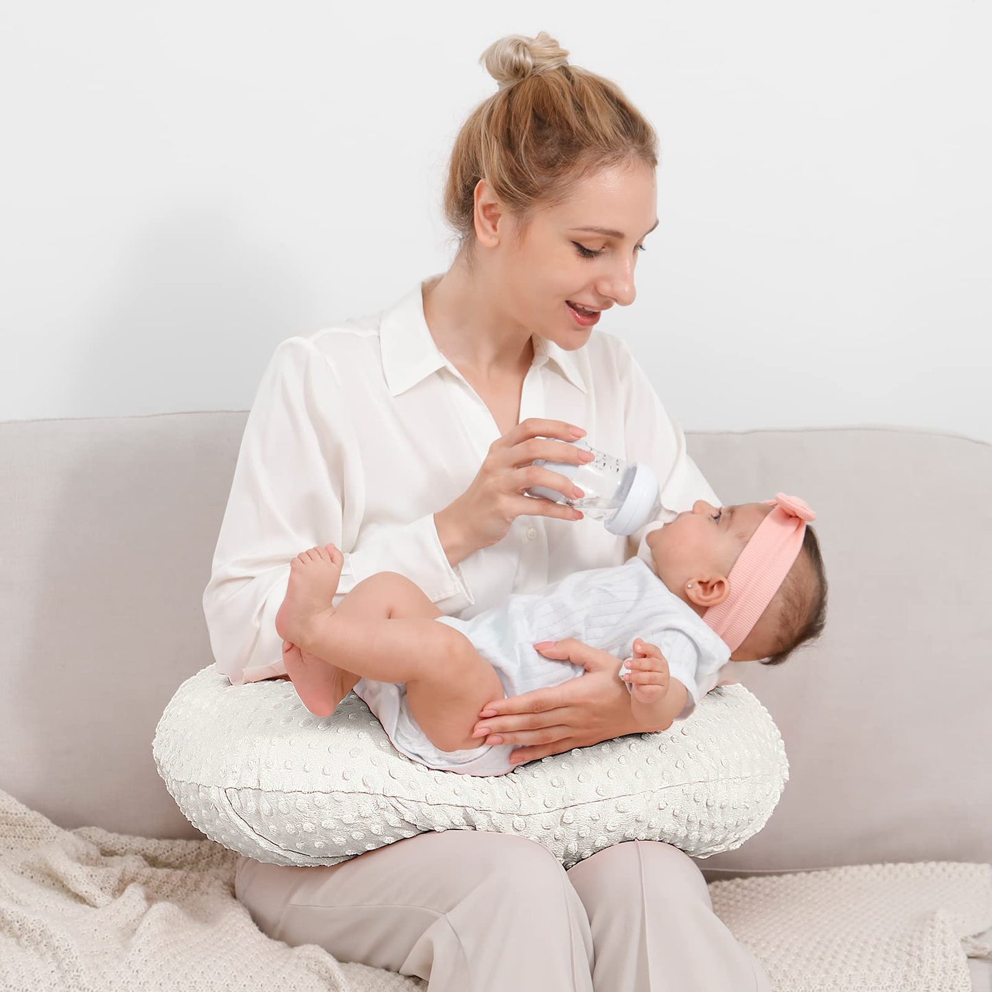 QUENESS Nursing Pillow and Positioner, Breastfeeding, Bottle Feeding, Baby Sitting Support with Removable Ultra Soft Cover, Tummy Time Support for Baby Boys and Girls (Beige)