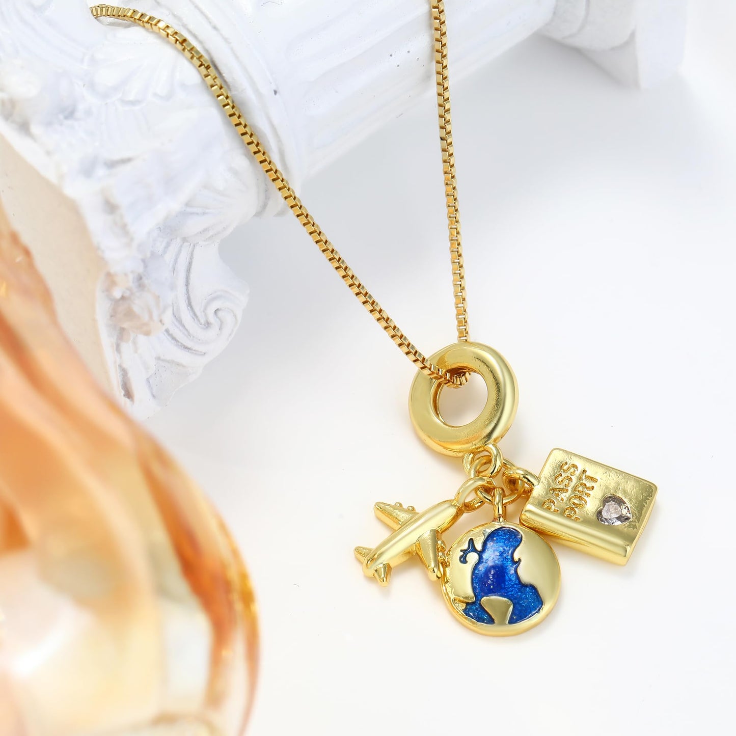 MISS RIGHT Charm Necklace for Women 18K Gold Plated World Travel Pendant Passport Airplane Earth Charms Necklace, Travel Jewelry Gifts for Women PASSPORT