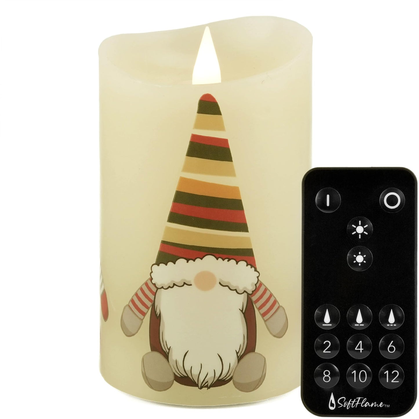 Softflame Christmas Flameless Candles with Remote Control, 3"x 5""Battery Operated Flickering 3D Wick Real Wax Pillar Christmas Gnome Candle"