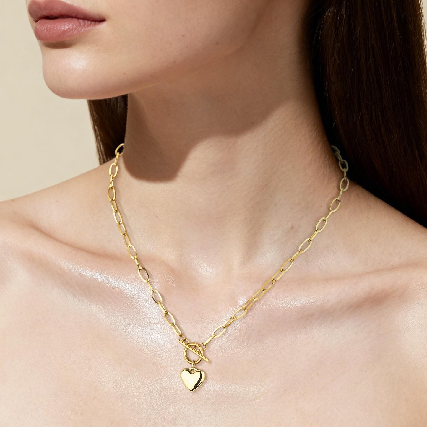 BONJOULRY Chunky Gold Necklace for Women, 18K Waterproof Heart Necklace Statement Necklace Gold Charm Necklace Chunky Jewelry Paperclip Chain Choker Gift for Women (OT Chain Heart)