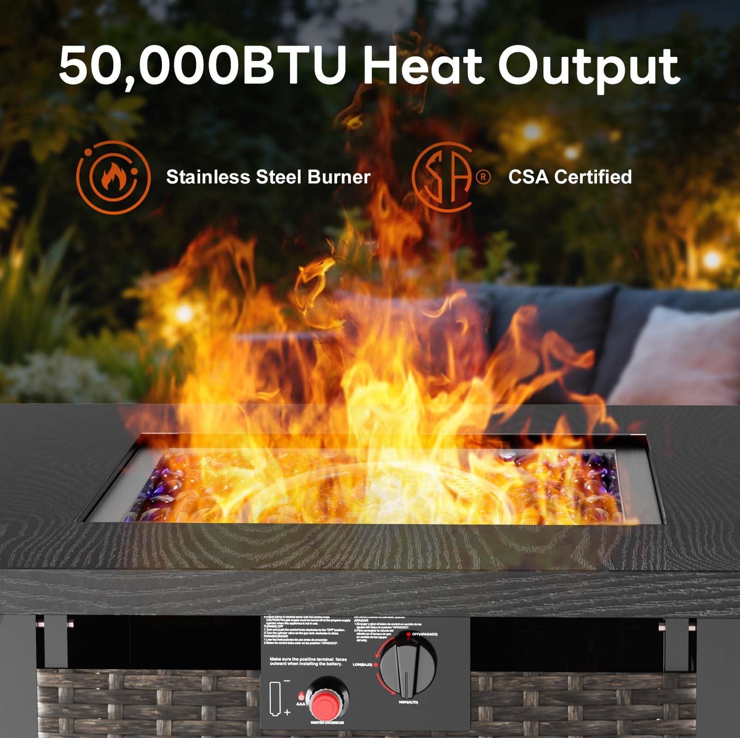ZAFRO 28” Outdoor Fire Pit Table 50,000 BTU, 2-in-1 Rattan Propane Firepit Table with Glass Stones & Lid, Square Fire Table for Patio, Backyard, Deck, or Garden, Black