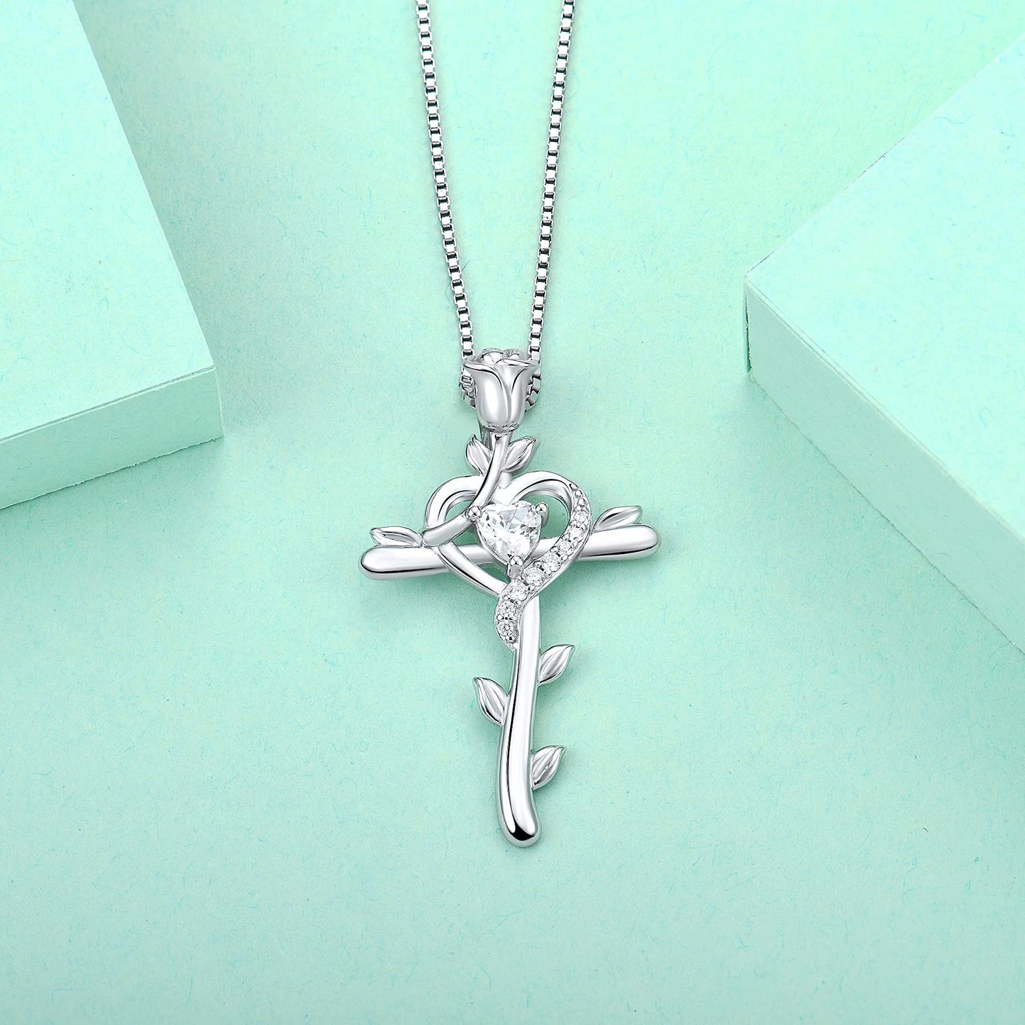 STARCHENIE Rose Cross Necklace 925 Sterling Silver Heart Crucifix Pendant Cubic Zirconia Jewelry for Women