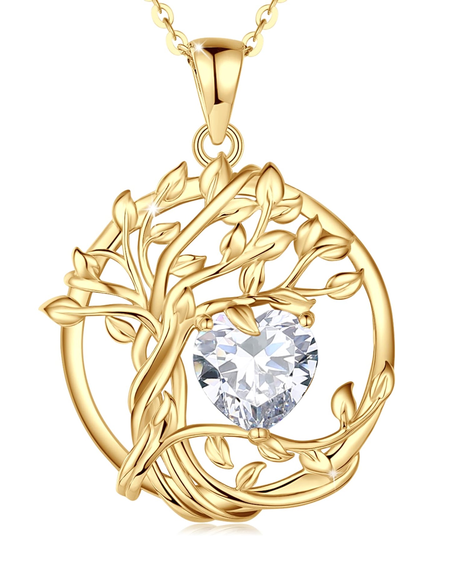 FANCIME Tree of life April Birthstone necklace for women Sterling Silver Yellow Gold Plated Simulated Diamond Pendant Cubic Zirconia CZ Birthday Mothers Day Gifts for Wife Mom Her