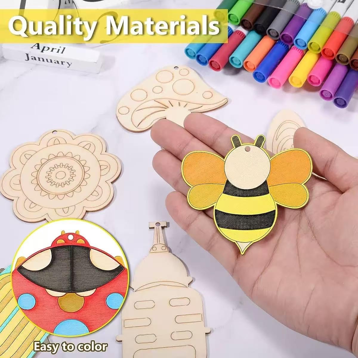 ShaoAngDuoMi 36PCS Paint Your Own Wooden Crafts Kit for Kids – DIY Plant & Insect Wood Shapes with Paint Pens & Stickers, Family Art Activity, Garden Tree Hanging Decorations, Creative Gift